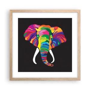 Plakat i ramme af lyst egetræ - Elefanten, der elskede at bade i regnbuen - 40x40 cm