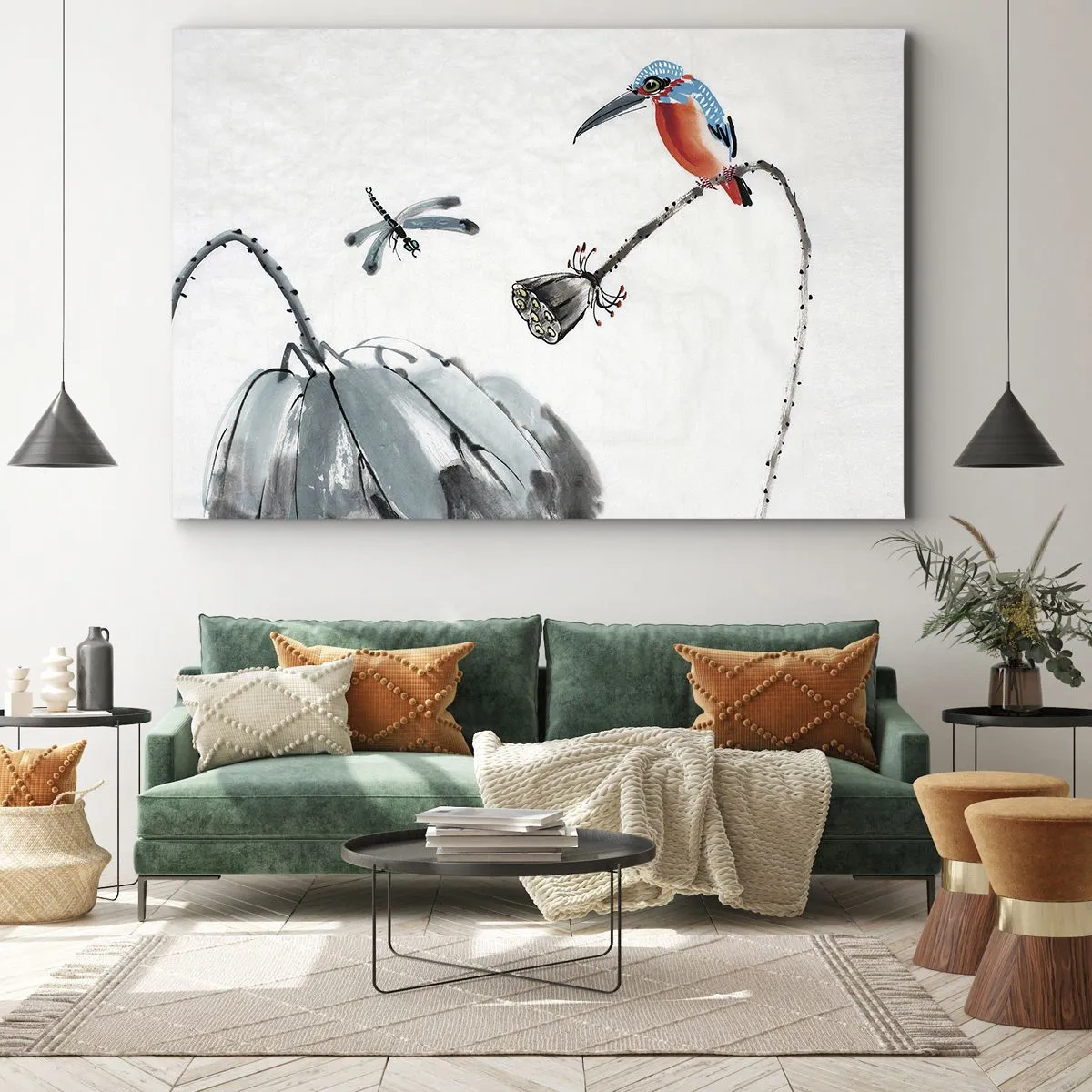 Lærredstryk - Billede på lærred - En farverig fugl mod en baggrund af vegetation og en guldsmed - 70x50cm - Engenes liv - Moderne vægdekoration til stue og soveværelse ARTTOR