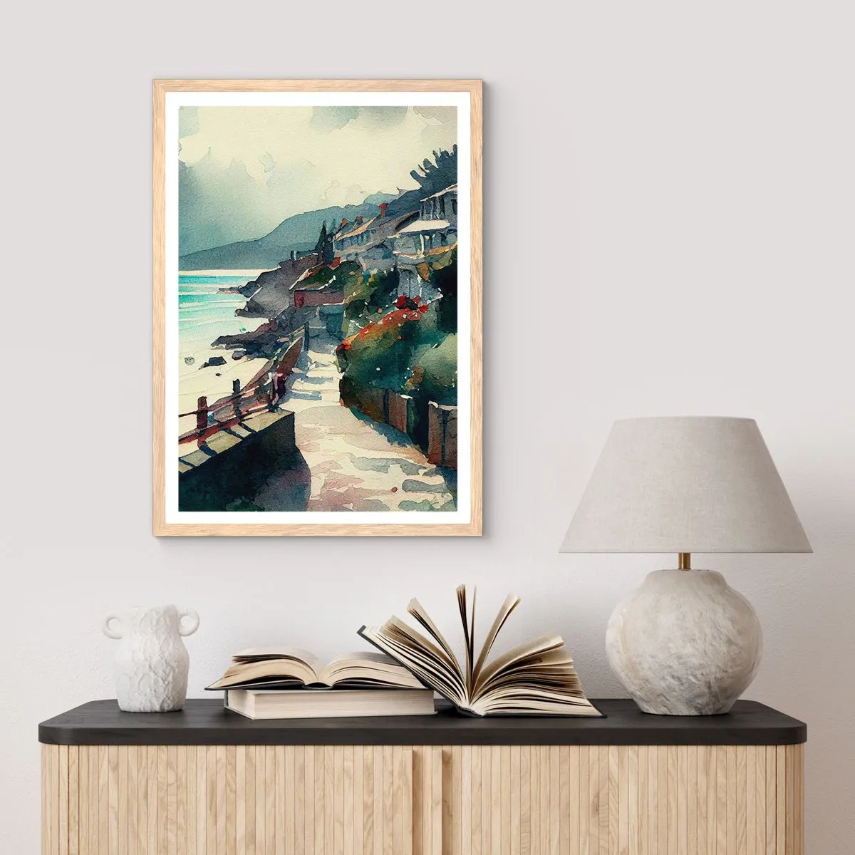 Plakat i ramme af lyst egetræ - Middelhavsby - 61x91 cm