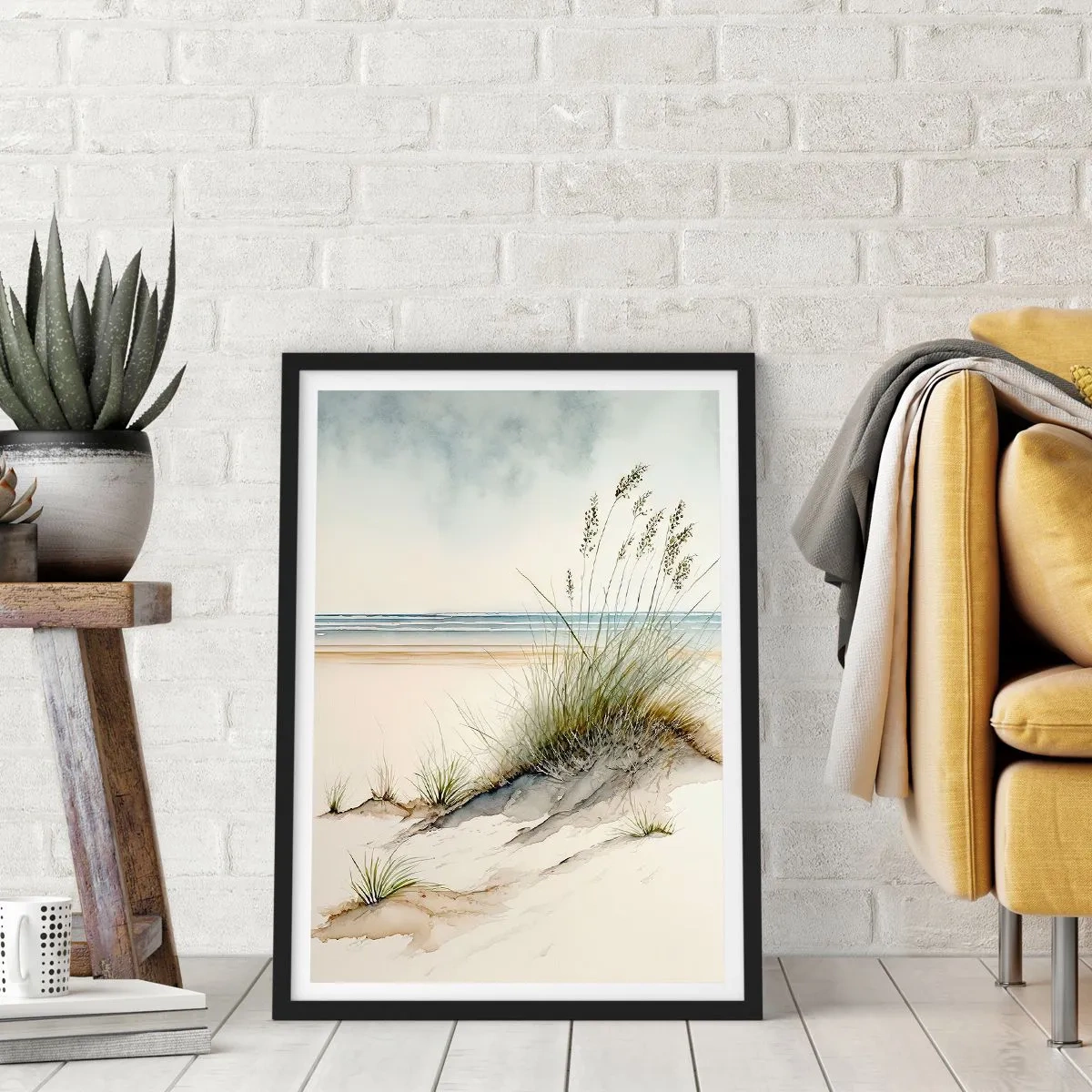 Plakat i sort ramme - Kærtegnet af vinden - græsser på klitterne ved stranden - 50x70cm - Forkælet af vinden - Moderne vægdekoration til stue og soveværelse ARTTOR