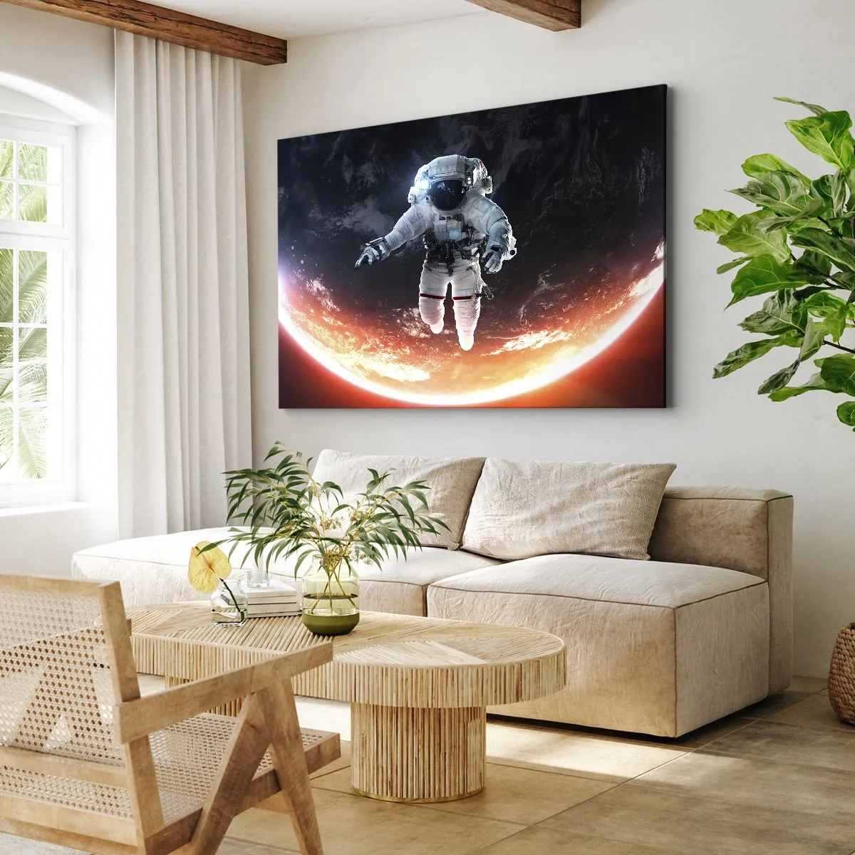 Lærredstryk - Billede på lærred - En astronaut, der svæver over en solbeskinnet jord - 70x50cm - Må jeg blive lidt længere? - Moderne vægdekoration til stue og soveværelse ARTTOR