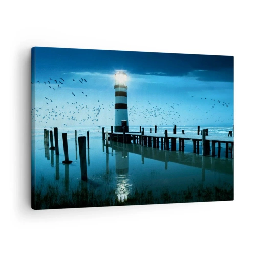 Lærredstryk - Billede på lærred - Fyrtårnet ved molen oplyst om natten - 70x50cm - Og du er ikke bange for mørket - Moderne vægdekoration til stue og soveværelse ARTTOR