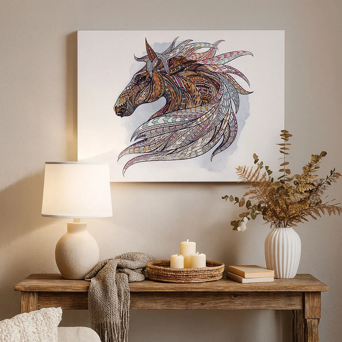 Lærredstryk - Billede på lærred - En geometrisk hest med en farverig, detaljeret manke - 70x50cm - Den keltiske krigers hest - Moderne vægdekoration til stue og soveværelse ARTTOR