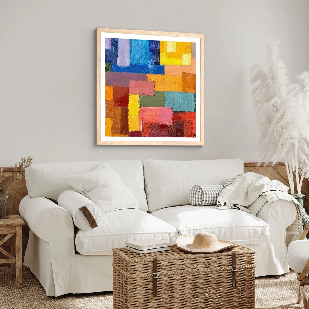 Plakat i ramme af lyst egetræ - Hver især forskellige, alle farverige - 50x50 cm