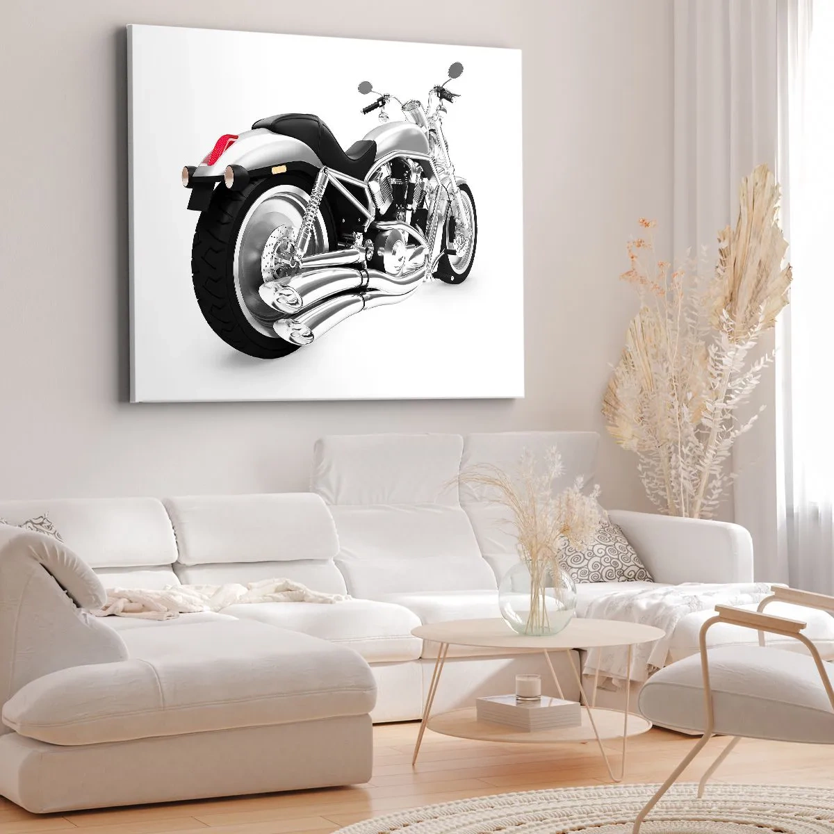 Lærredstryk - Billede på lærred - Krom motorcykel på hvid baggrund - 70x50cm - En drøm for samlere - Moderne vægdekoration til stue og soveværelse ARTTOR