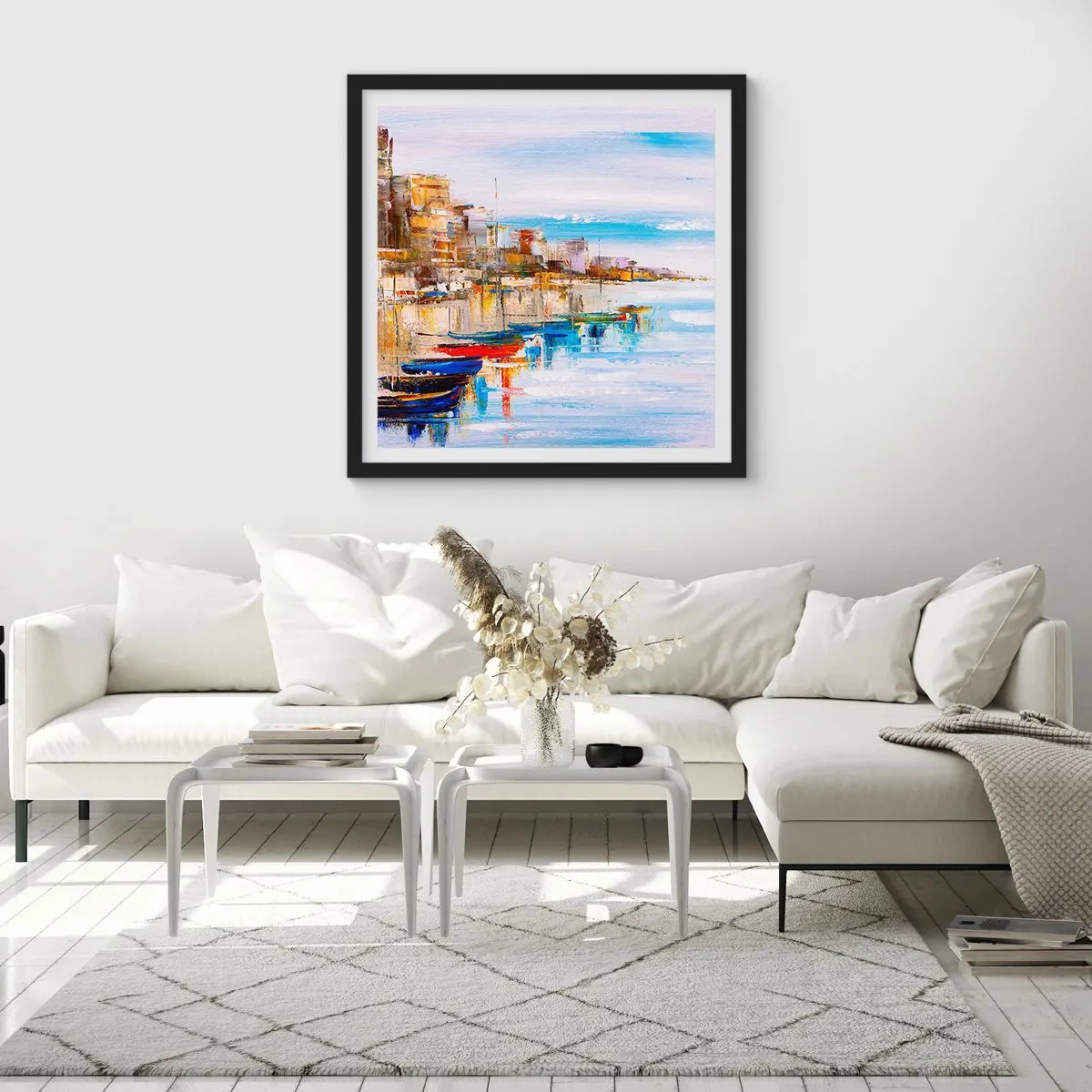 Plakat i sort ramme - Flerfarvet urban havn - 60x60 cm