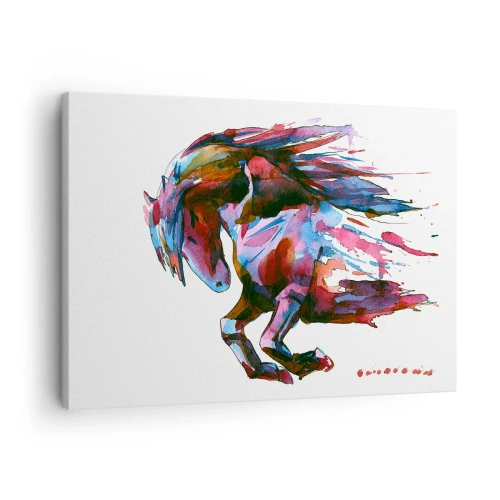 Lærredstryk - Billede på lærred - En hest i dynamiske abstrakte farver, der symboliserer frihed - 70x50cm - I henrykkelse - Moderne vægdekoration til stue og soveværelse ARTTOR