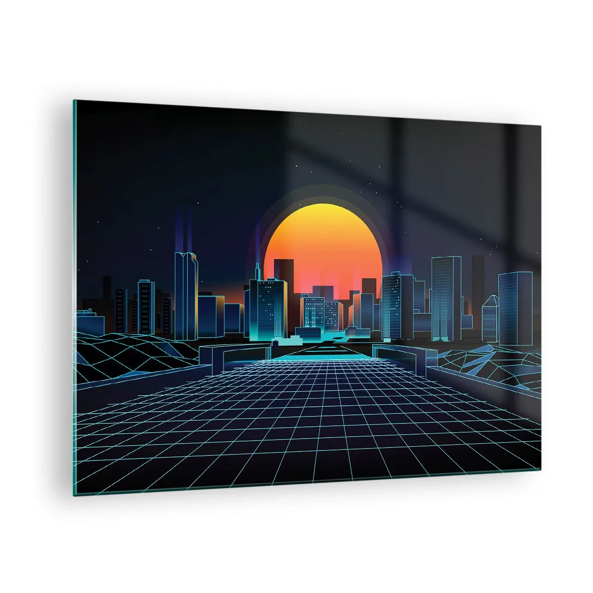 Billede på glas - Futuristisk bypanorama med solnedgang - 70x50cm - Vil du stadig gerne komme til den ægte vare? - Moderne vægdekoration til stue og soveværelse ARTTOR