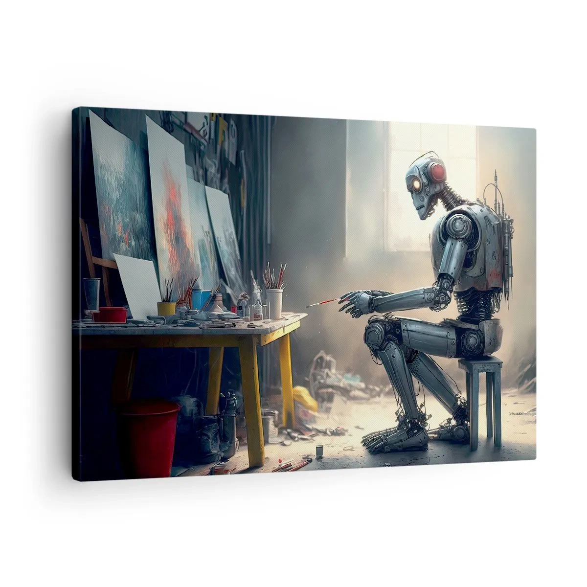 Lærredstryk - Billede på lærred - En robot der maler et billede i et kunststudie - 70x50cm - Den skabende handling - Moderne vægdekoration til stue og soveværelse ARTTOR