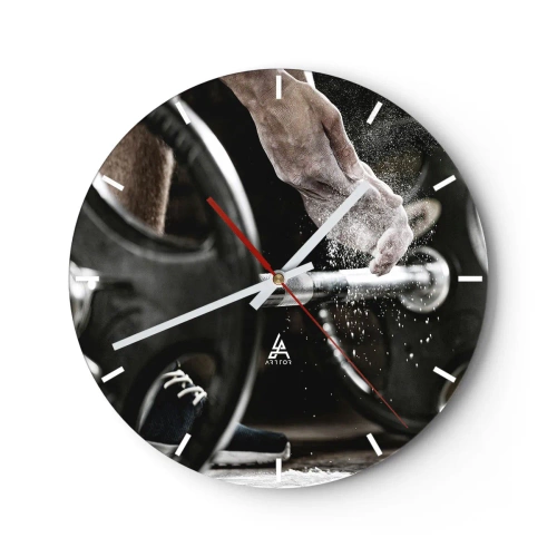 Vægur, Uret - Håndvægt og hånd under træning - 30x30cm - Udfordringen er taget imod! - Moderne vægdekoration til stue, køkken og soveværelse ARTTOR