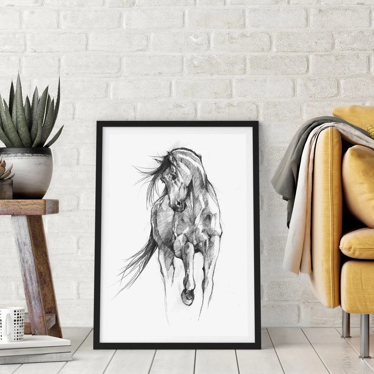 Plakat i sort ramme - Skitse af en hest i en dynamisk positur - 50x70cm - I en yndefuld trav - Moderne vægdekoration til stue og soveværelse ARTTOR