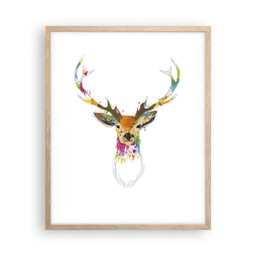 Plakat i ramme af lyst egetræ - Blid kronhjort badet i farver - 40x50 cm
