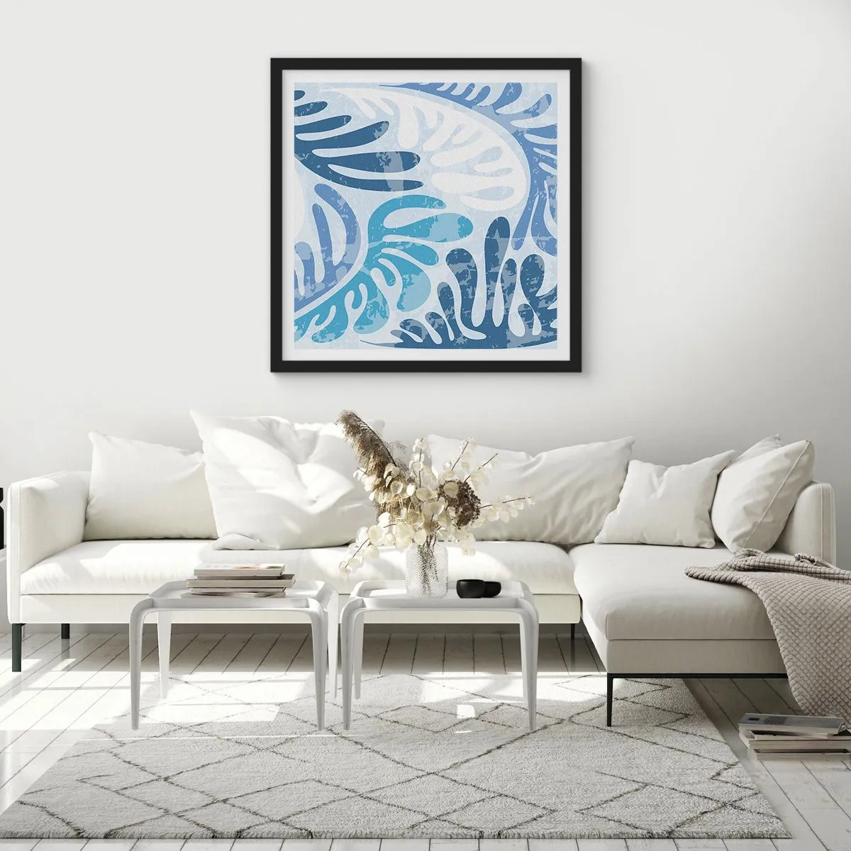 Plakat i sort ramme - Blå bregner - 60x60 cm