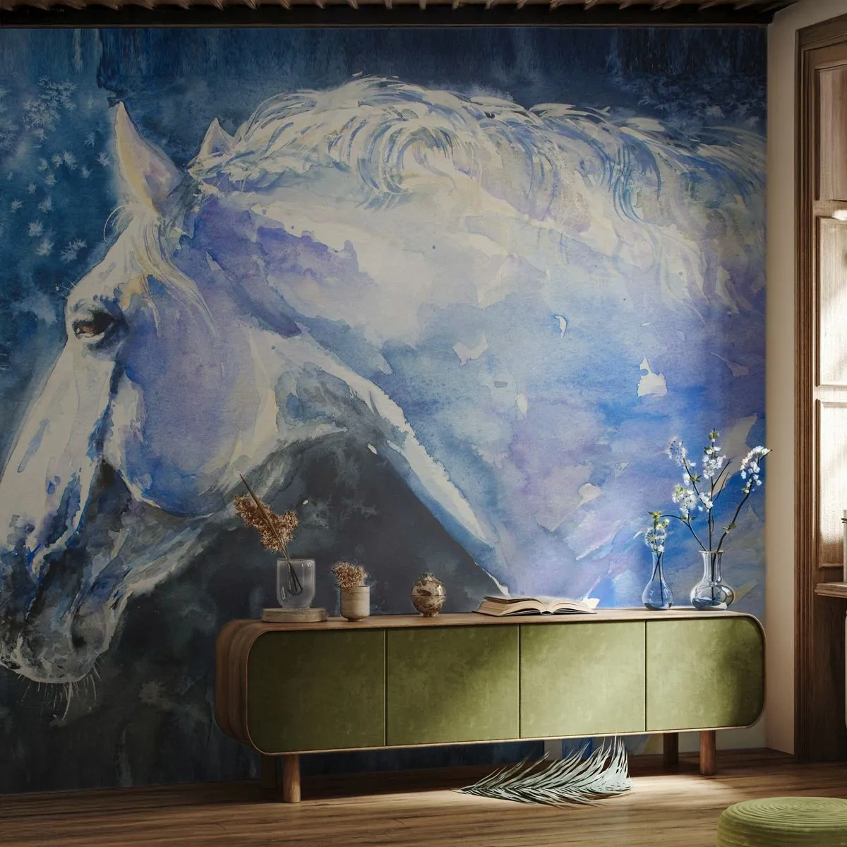 Fototapet Standard Eco - Portræt i et blåt skær - Hest, Maleri, Dyr - 350x256 cm