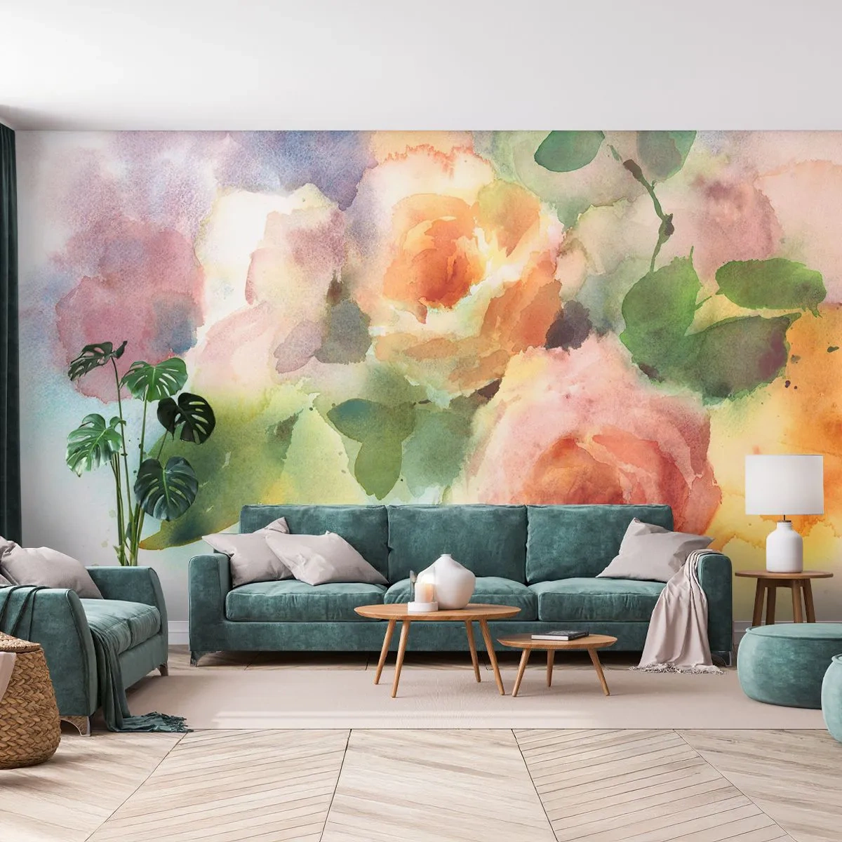 Fototapet Premium Canvas - Delikat som akvarelfarve - Blomster, Roser, Buket - 100x70 cm