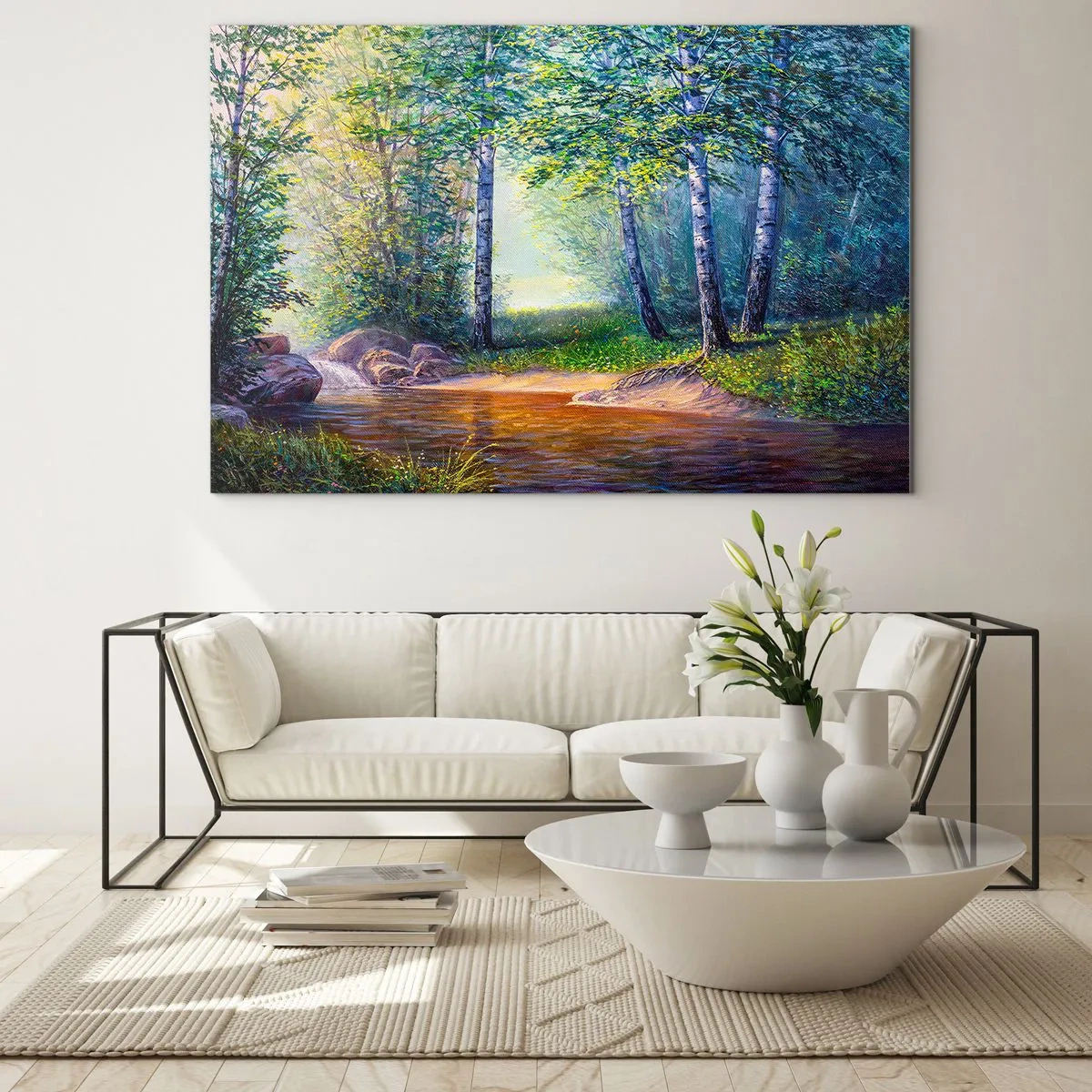 Billede på glas - En skovbæk omgivet af træer i solens stråler - 70x50cm - Idylliske omgivelser - Moderne vægdekoration til stue og soveværelse ARTTOR