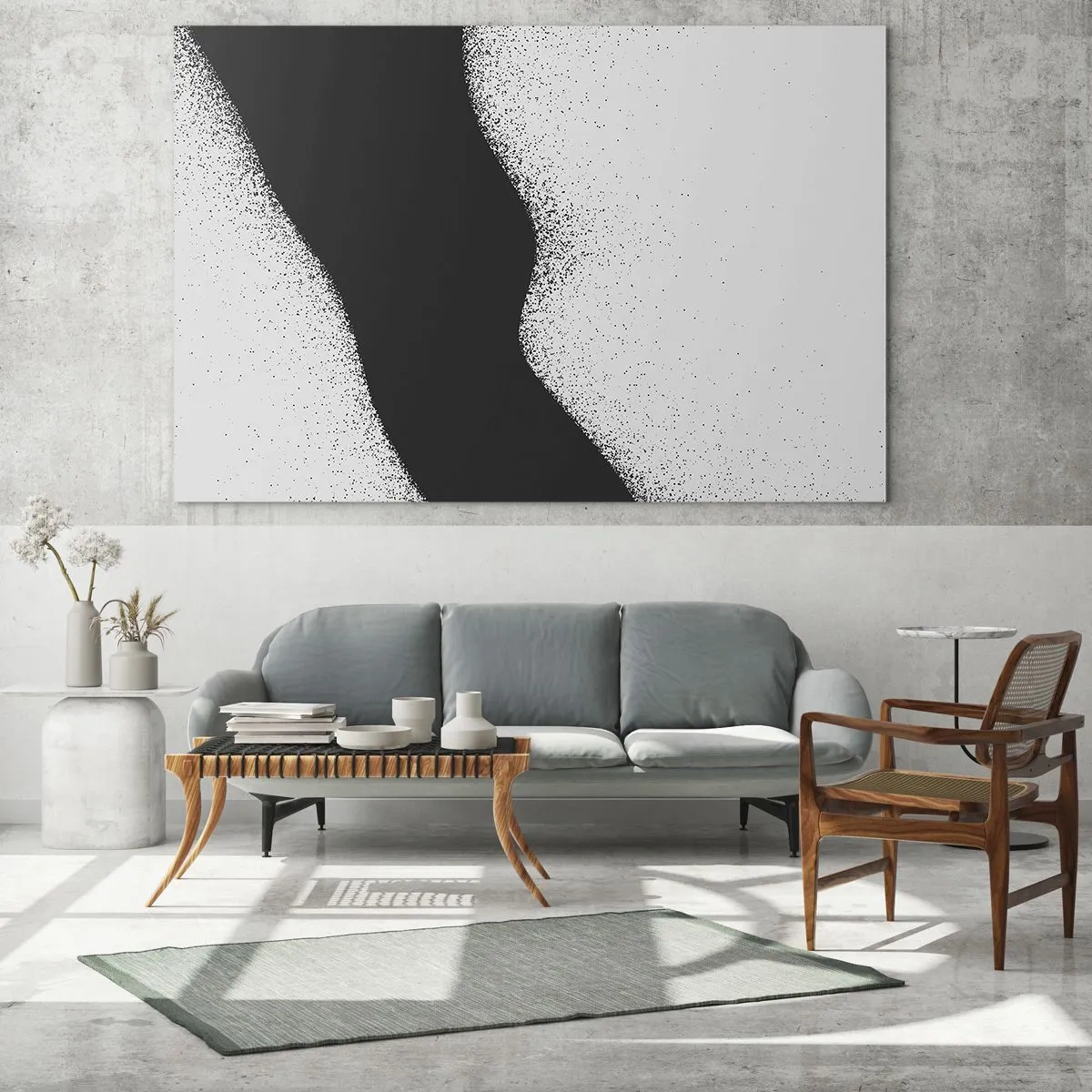 Billede på glas - Minimalistisk sort-hvid abstraktion med en punktgradient - 70x50cm - Flydende balance - Moderne vægdekoration til stue og soveværelse ARTTOR