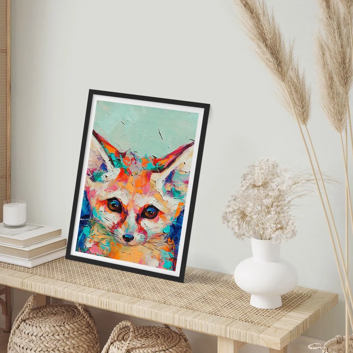 Plakat i sort ramme - Et farverigt abstrakt portræt af en ræv med et udtryksfuldt blik. - 50x70cm - Er du klar til mig? - Moderne vægdekoration til stue og soveværelse ARTTOR