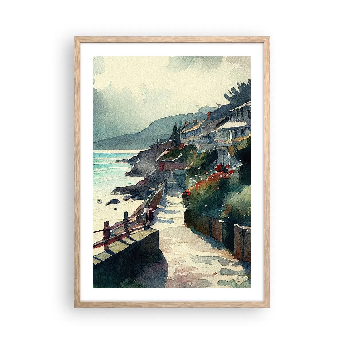 Plakat i ramme af lyst egetræ - Middelhavsby - 50x70 cm
