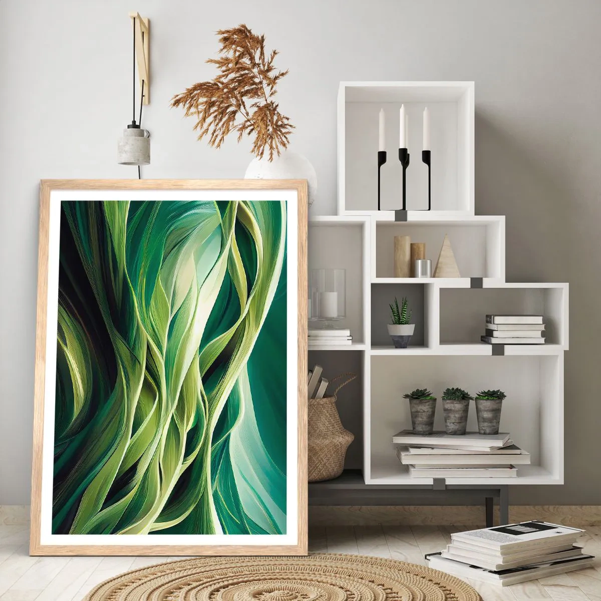 Plakat i ramme af lyst egetræ - Et abstrakt spil med grønt - 50x70 cm