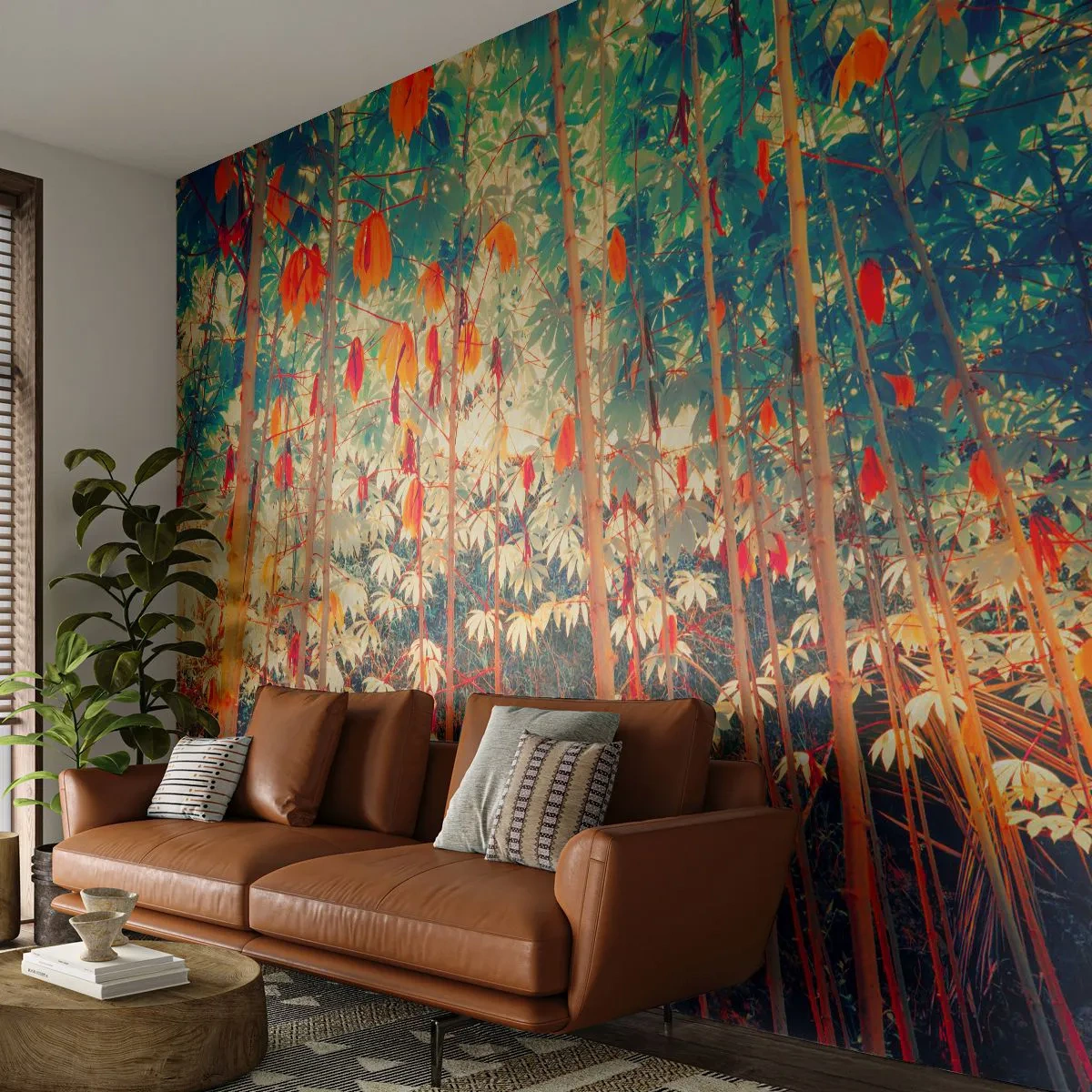 Fototapet Standard Eco - En farverig bambusskov med intens belysning - 100x70cm - Bladenes hemmelige liv - Moderne vægdekoration til stue og soveværelse ARTTOR