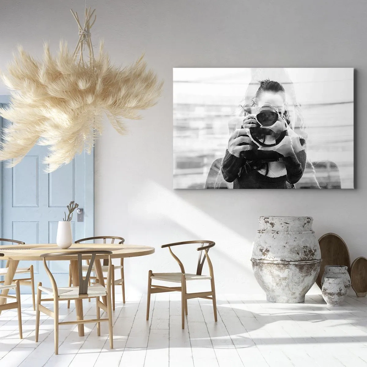 Lærredstryk - Billede på lærred - Sort-hvidt dobbelteksponeringsportræt af en fotograf - 70x50cm - Skaber og materiale - Moderne vægdekoration til stue og soveværelse ARTTOR