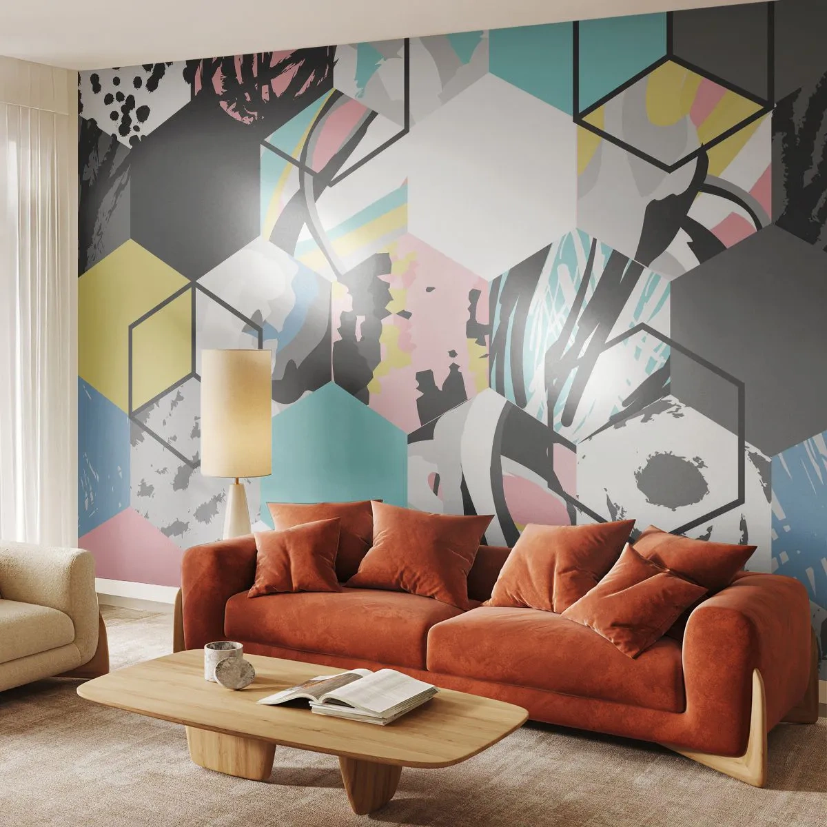 Fototapet Premium Sand - Sekskanter og terninger i seks farver - Abstraktion, Stykke, Moderne mønster - 300x210 cm