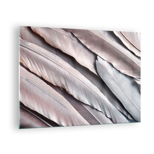 Billede på glas - Nærbillede af pastelfarvede fjer i nuancer af lyserød og sølv - 70x50cm - I lyserødt sølv - Moderne vægdekoration til stue og soveværelse ARTTOR