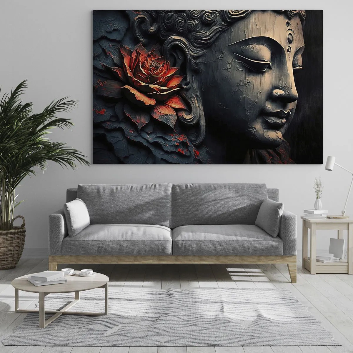 Billede på glas - Profil af en mediterende figur med en rød blomst mod en mørk baggrund. - 70x50cm - I pagt med verden - Moderne vægdekoration til stue og soveværelse ARTTOR