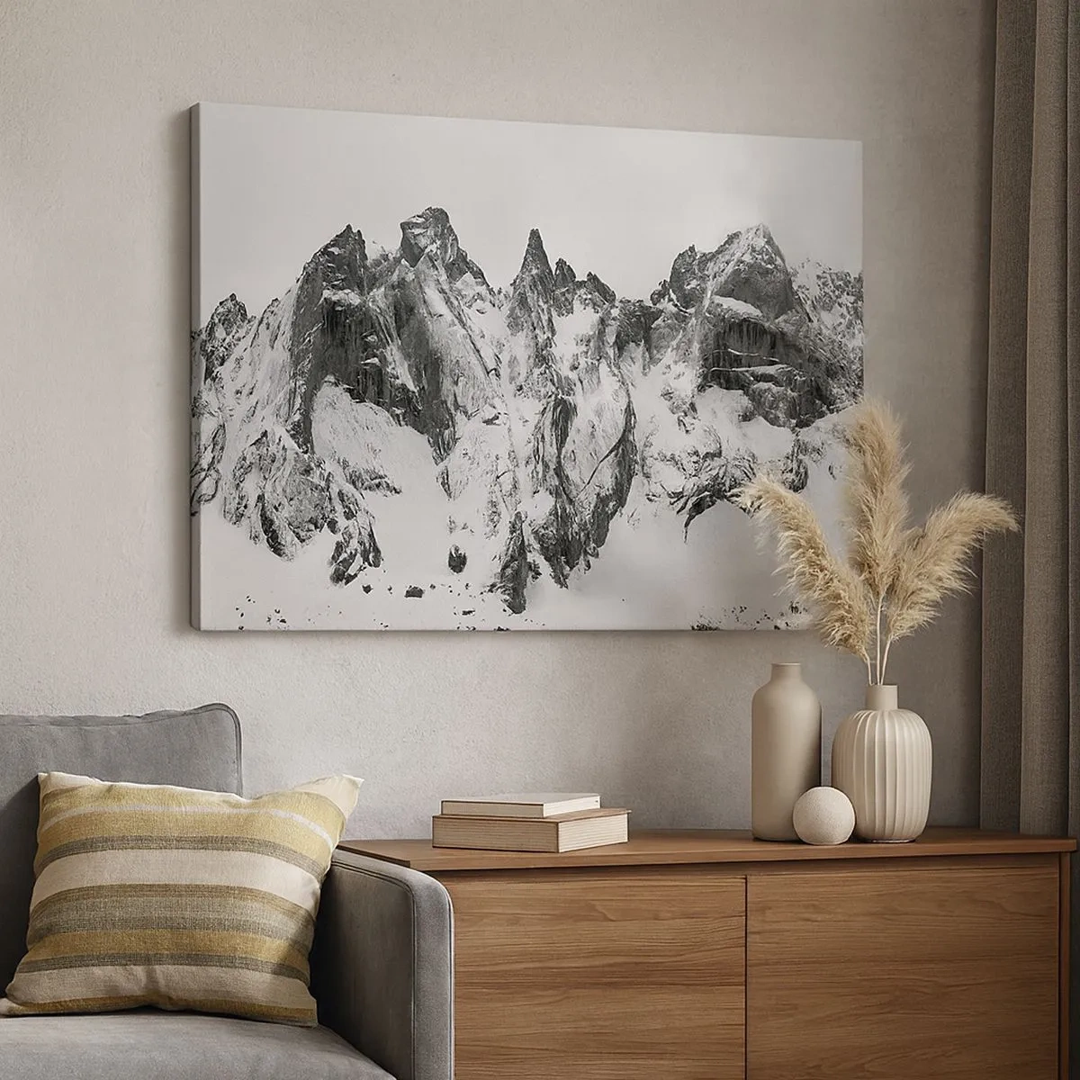 Lærredstryk - Billede på lærred - Sorte og hvide snedækkede bjergtoppe - 70x50cm - Granit truende højderyg - Moderne vægdekoration til stue og soveværelse ARTTOR