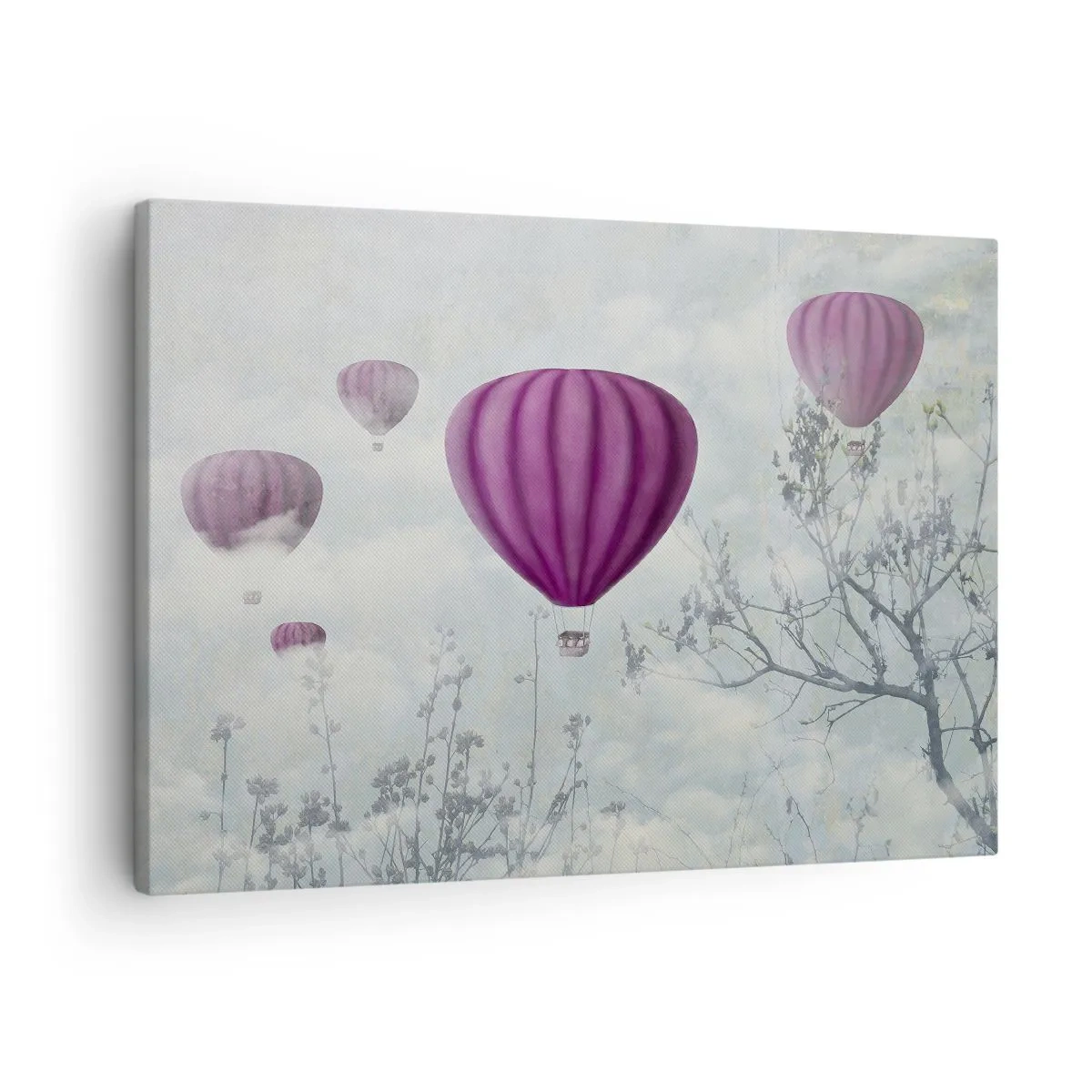 Lærredstryk - Billede på lærred - Lilla balloner svæver over træerne i skyerne - 70x50cm - Som skibe på himlen - Moderne vægdekoration til stue og soveværelse ARTTOR
