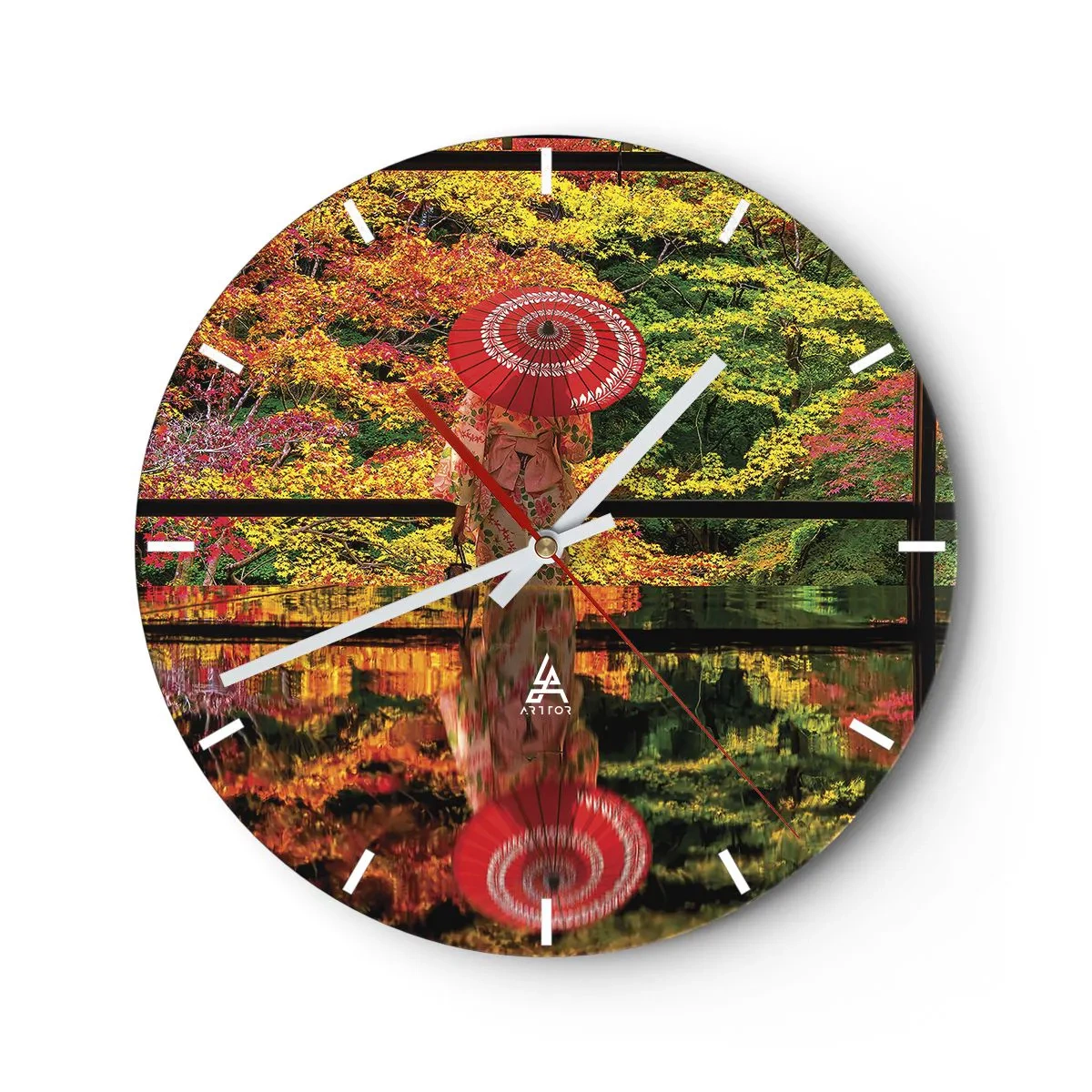 Vægur, Uret - Japansk paraply blandt efterårsblade - 30x30cm - I naturens tempel - Moderne vægdekoration til stue, køkken og soveværelse ARTTOR