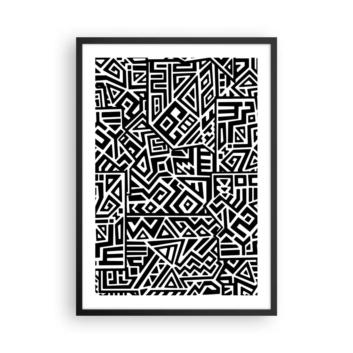 Plakat i sort ramme - Sort-hvidt geometrisk mønster i kunstnerisk stil - 50x70cm - Præcolumbiansk sammensætning - Moderne vægdekoration til stue og soveværelse ARTTOR