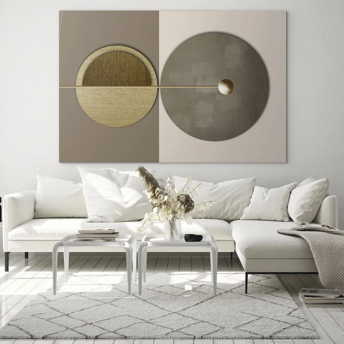 Billede på glas - Gyldne cirkler og linjer i en harmonisk komposition - 70x50cm - Perfekt balance - Moderne vægdekoration til stue og soveværelse ARTTOR