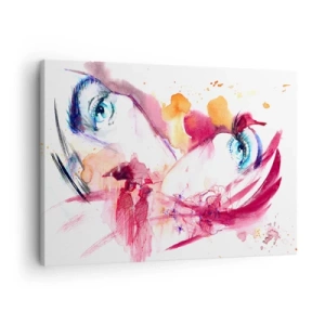 Lærredstryk - Billede på lærred - Et abstrakt ansigt med udtryksfulde øjne og røde accenter. - 70x50cm - I nærheden af hinanden blomstrer verden - Moderne vægdekoration til stue og soveværelse ARTTOR