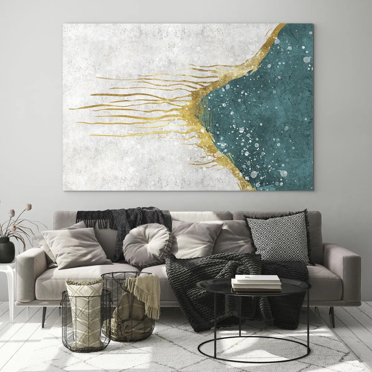 Billede på glas - Abstrakt guldmønster på en turkis og hvid baggrund - 70x50cm - Gyldent tidevand - Moderne vægdekoration til stue og soveværelse ARTTOR