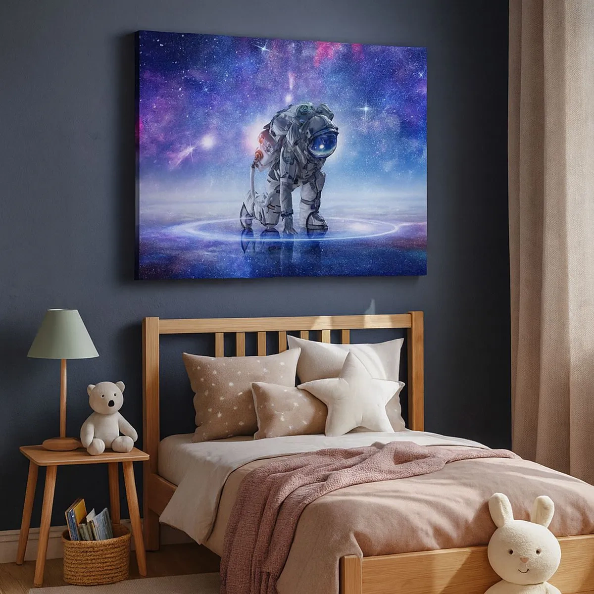 Lærredstryk - Billede på lærred - Astronaut i et galaktisk landskab - 70x50cm - Den stjerneklare himmel over mig - Moderne vægdekoration til stue og soveværelse ARTTOR