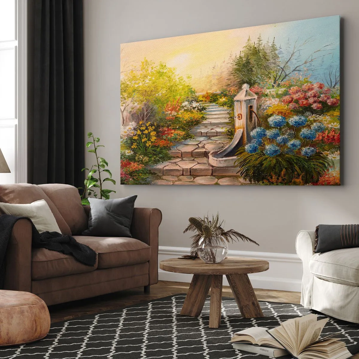 Lærredstryk - Billede på lærred - En malerisk have med et springvand og farverige blomster - 70x50cm - I fuld blomstring - Moderne vægdekoration til stue og soveværelse ARTTOR