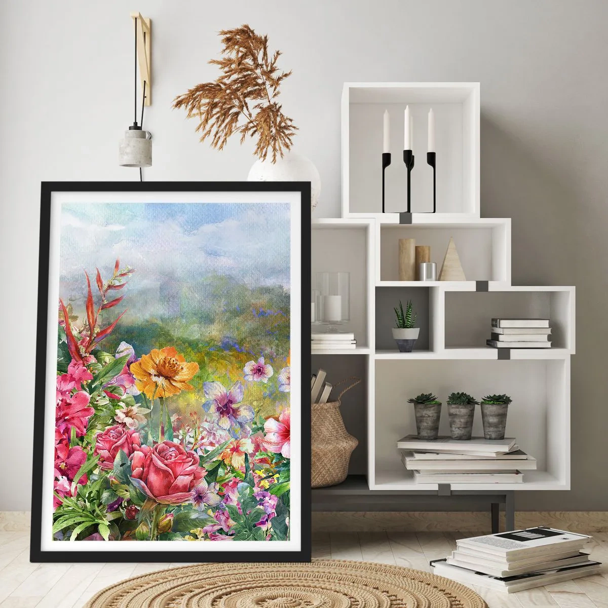 Plakat i sort ramme - Et blomsterfelt på en solskinsdag - 50x70cm - En have, der er gået amok - Moderne vægdekoration til stue og soveværelse ARTTOR