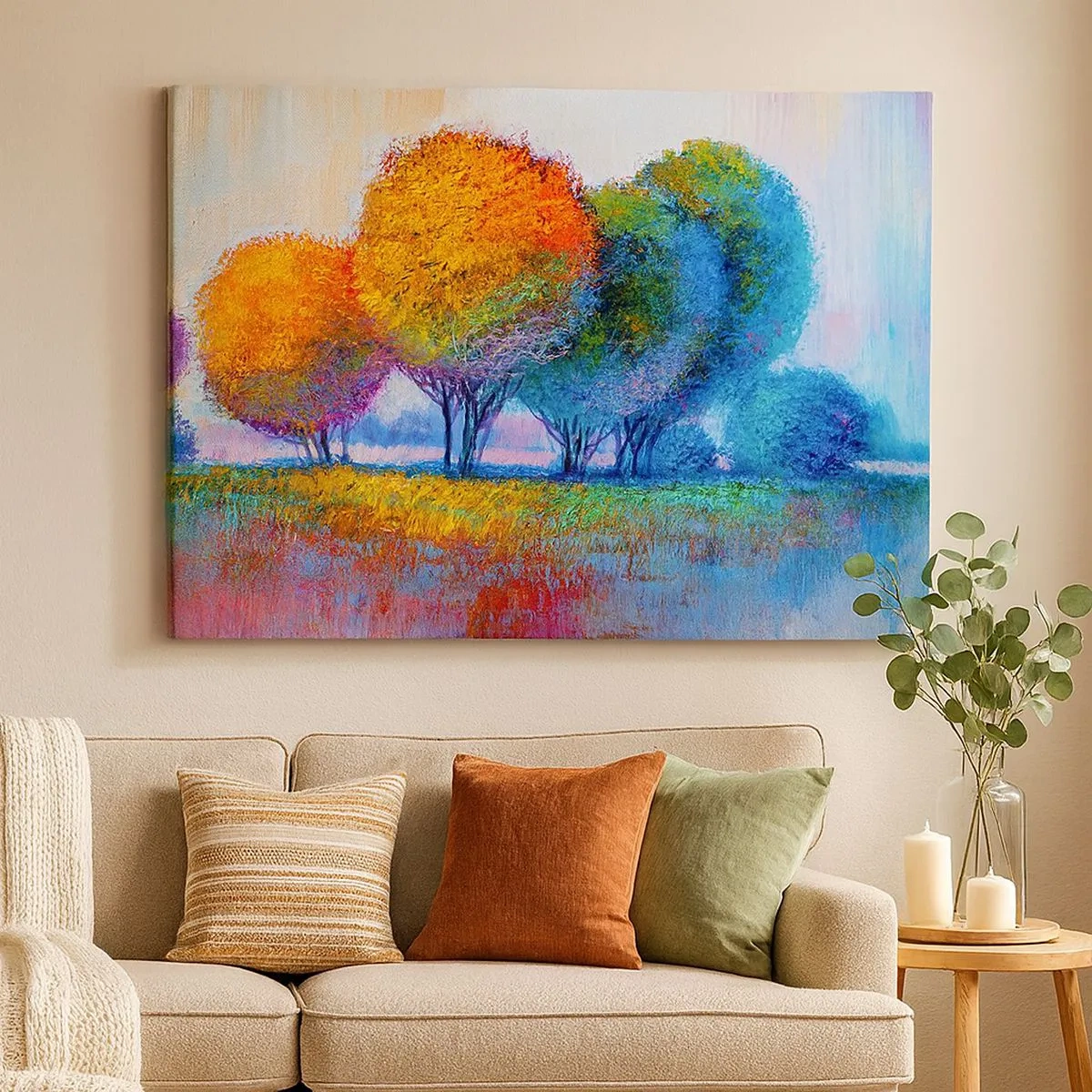 Lærredstryk - Billede på lærred - Farverige træer i et impressionistisk landskab - 70x50cm - En klump af piskende farver - Moderne vægdekoration til stue og soveværelse ARTTOR