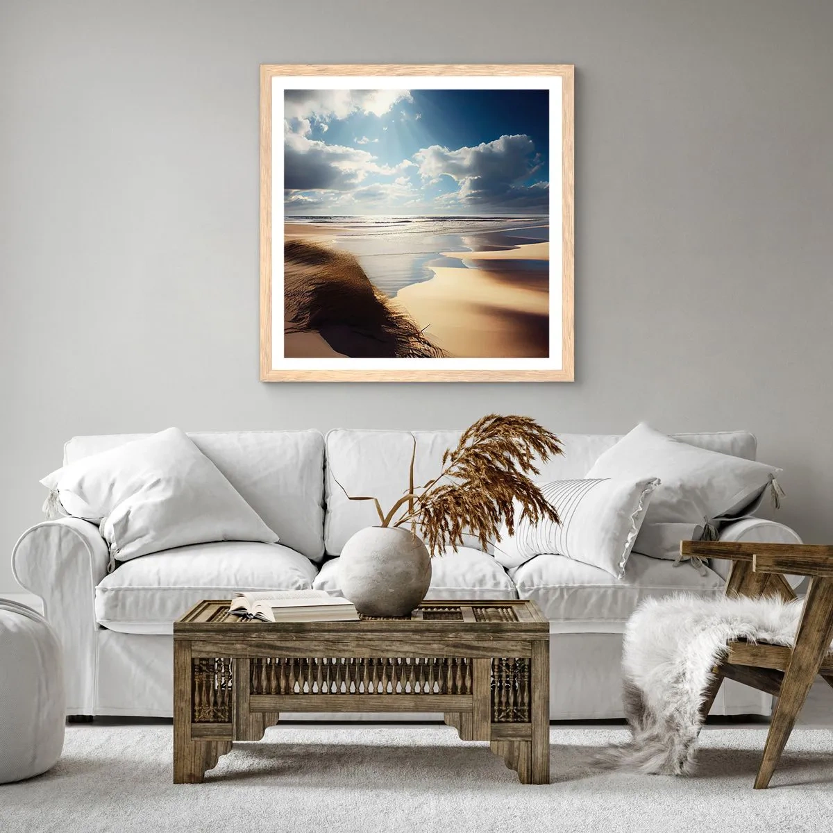 Plakat i ramme af lyst egetræ - Strand, vild strand - 50x50 cm