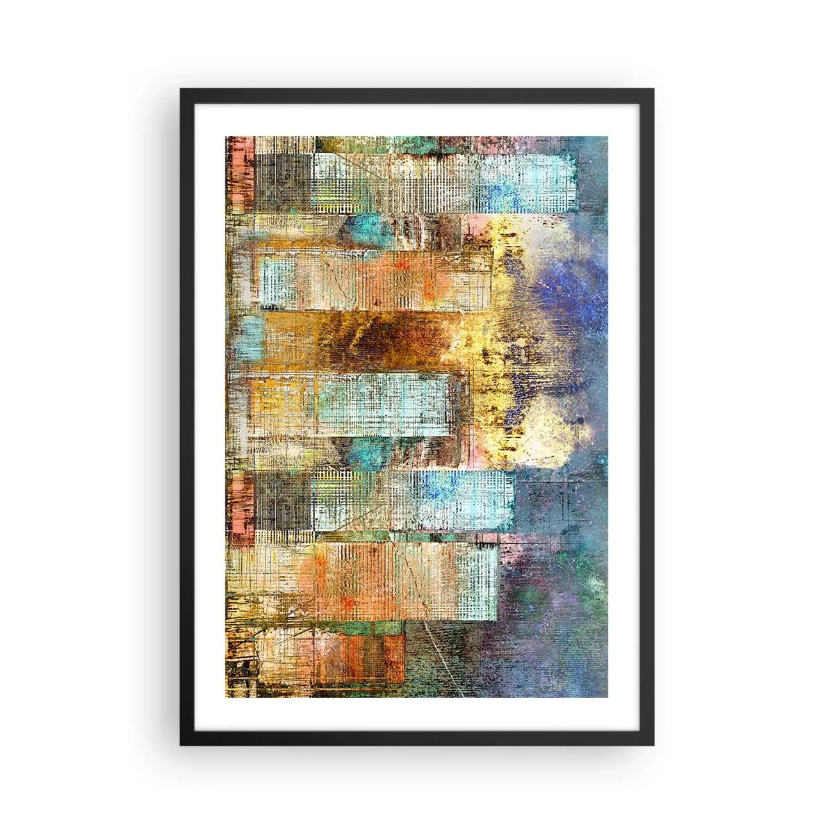 Plakat i sort ramme - Akvarel rokke i blå nuancer på en lys baggrund - 50x70cm - Solrig metropol - Moderne vægdekoration til stue og soveværelse ARTTOR