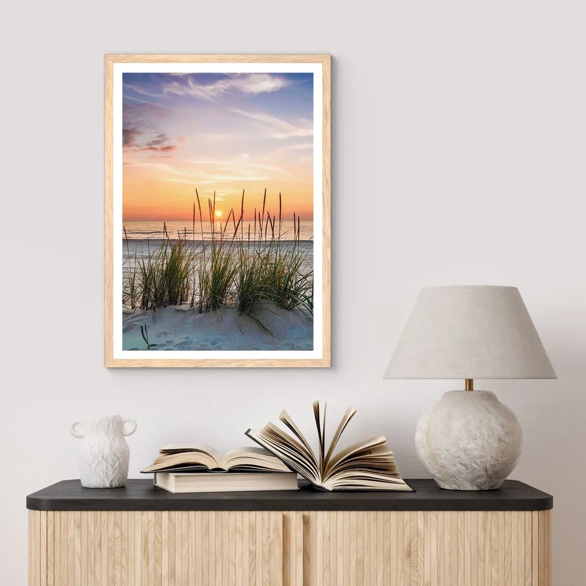Plakat i ramme af lyst egetræ - Se, tænk, føl - 50x70 cm