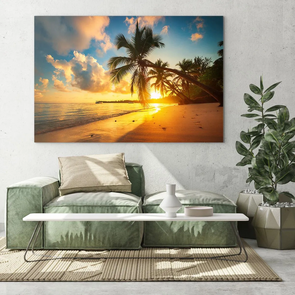 Billede på glas - Tropisk strand med palmer ved solnedgang - 70x50cm - Caribisk drøm - Moderne vægdekoration til stue og soveværelse ARTTOR