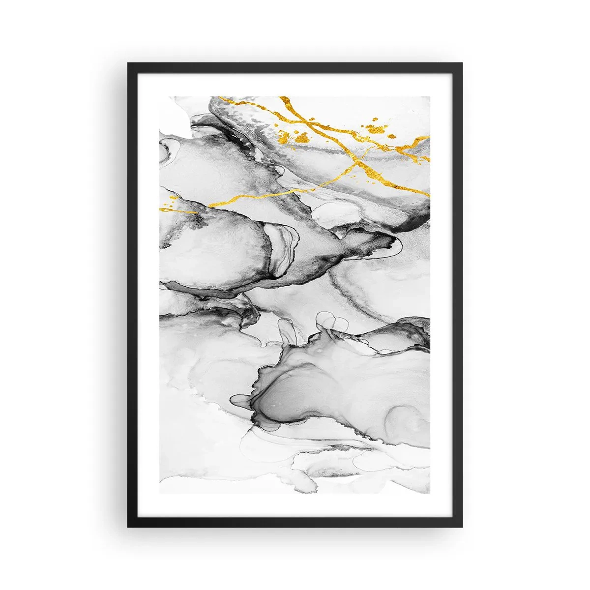 Plakat i sort ramme - En abstrakt komposition i grå nuancer med gulddetaljer. - 50x70cm - Sammensætning med guldmotiv - Moderne vægdekoration til stue og soveværelse ARTTOR