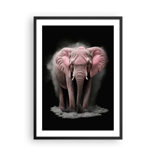 Plakat i sort ramme - En lyserød elefant i et dynamisk, sort rum - 50x70cm - Tænk ikke på en lyserød elefant! - Moderne vægdekoration til stue og soveværelse ARTTOR