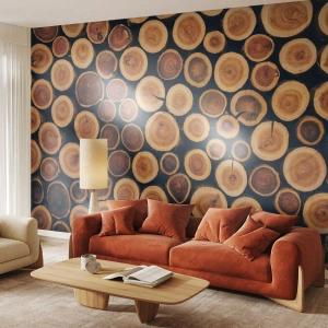 Fototapet Standard Eco - Stablede træskiver på en mørk baggrund - 100x70cm - Hvor gammel ser jeg ud? - Moderne vægdekoration til stue og soveværelse ARTTOR