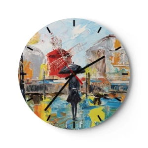 Vægur, Uret - Farverig byscene med en kvinde og en vindmølle - 30x30cm - Parisiske legender - Moderne vægdekoration til stue, køkken og soveværelse ARTTOR