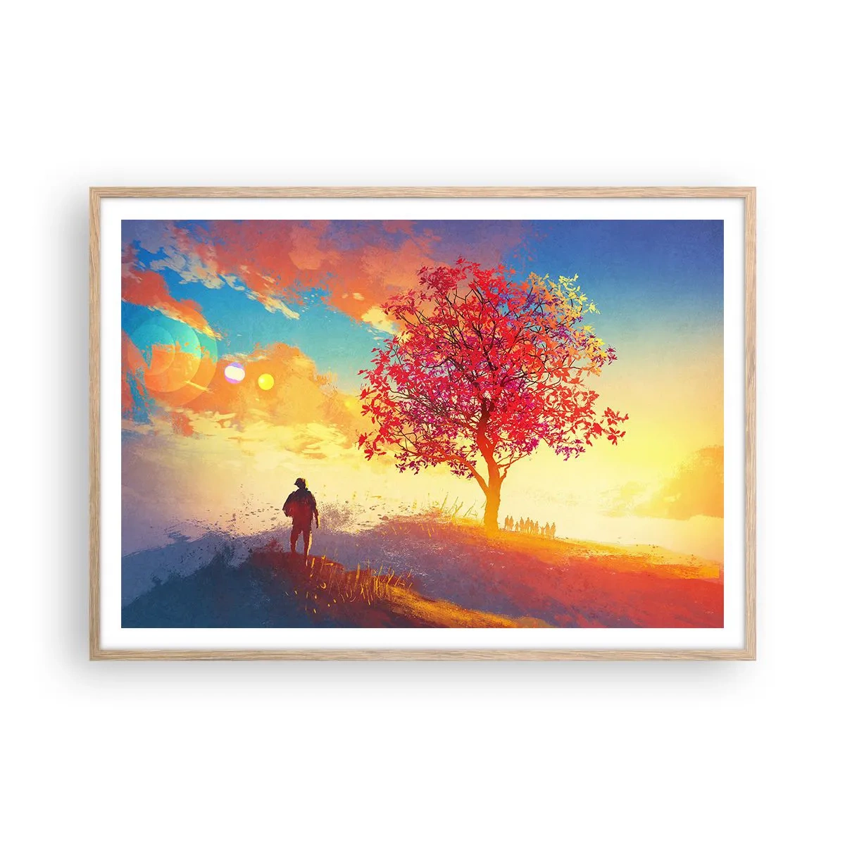 Plakat i ramme af lyst egetræ - Pilgrim på bestemmelsesstedet - 100x70 cm