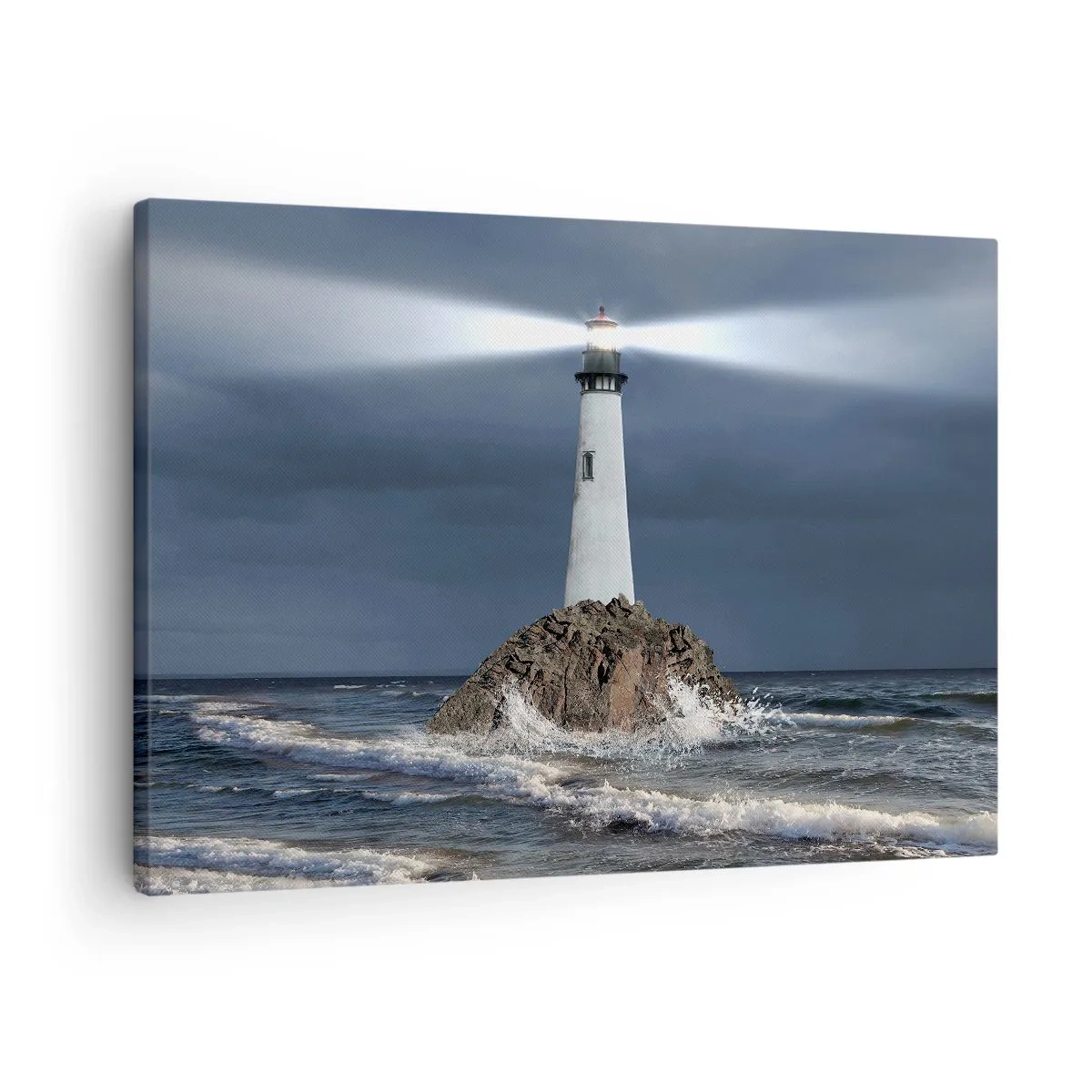 Lærredstryk - Billede på lærred - Et fyrtårn på en klippe omgivet af et stormfuldt hav - 70x50cm - Her...her...her! - Moderne vægdekoration til stue og soveværelse ARTTOR